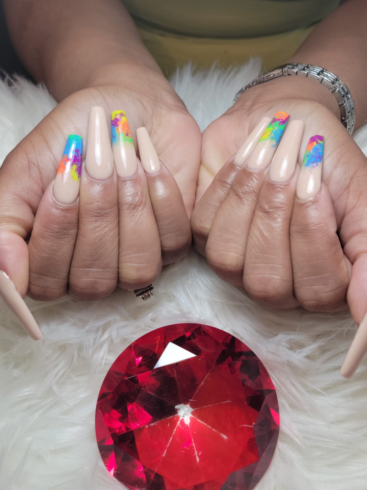 Long nude coffin nails with bright marbled tips