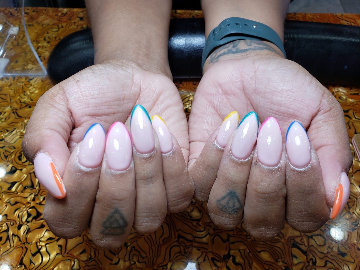 Pastel almond nails with colorful French tips