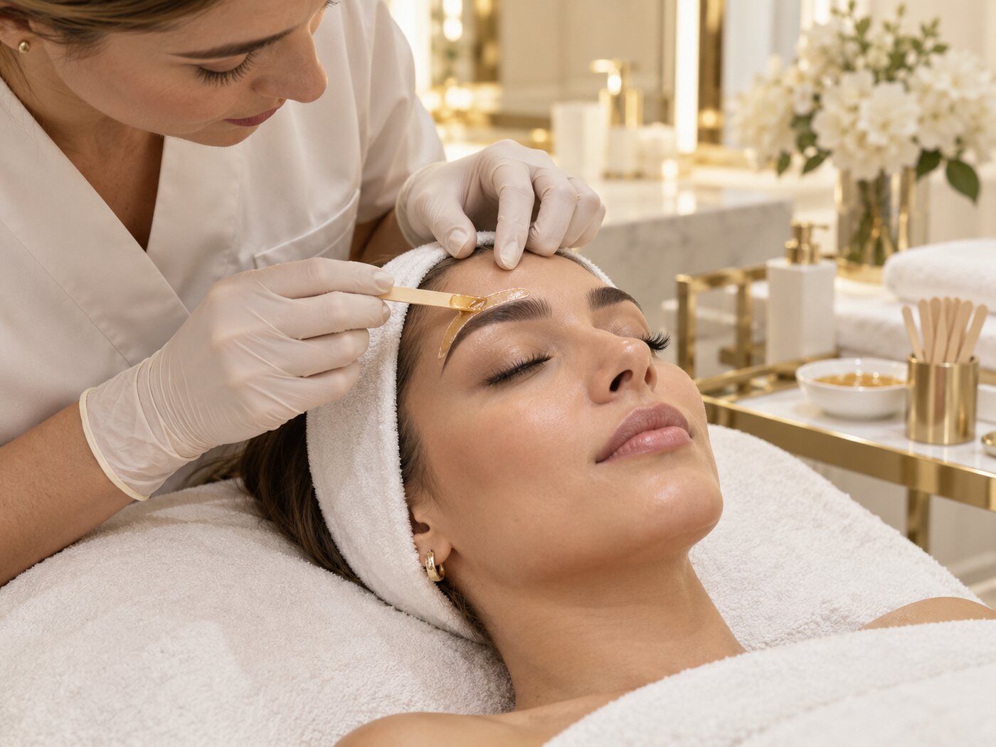 An esthetician shaping a client's eyebrow during a waxing treatment in a bright studio — Waxing at Viva Nail Spa